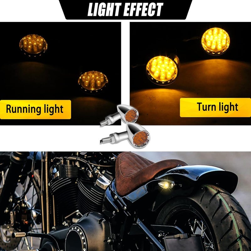 DREAMIZER 2pcs Chrome Bullet 15 LEDs Motorcycle Turn Signal Lights Front and Rear Indicator Lamps Compatible for Harley Honda Yamaha Cruiser Softail Sportster StreetBike Chopper Bobber (Amber lens) - Image 3